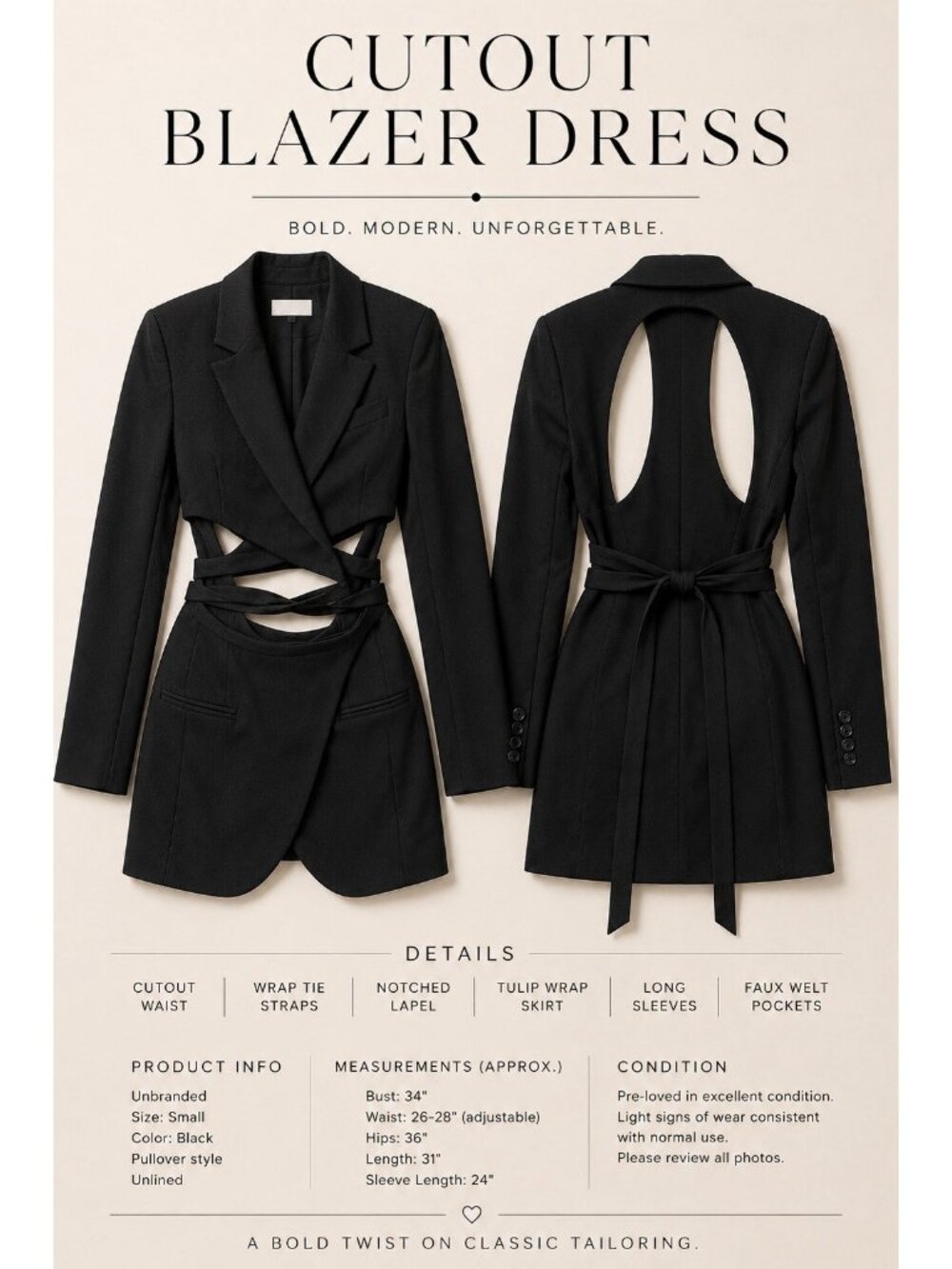 Black Cutout Blazer Dress Open Back Wrap Waist Long Sleeve Mini Dress Size S - Picture 3 of 9